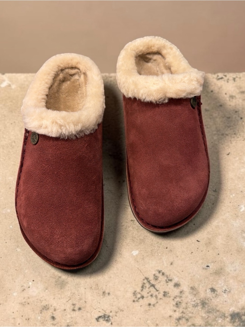 Birkenstock Suede Shearling-Lined Clogs in Wine and Cream